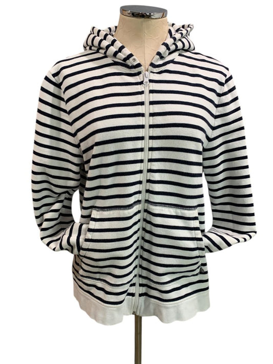 Size XL T by Talbots Womens Zip Up Hoodie Sweatshirt Navy Blue White Stripe
