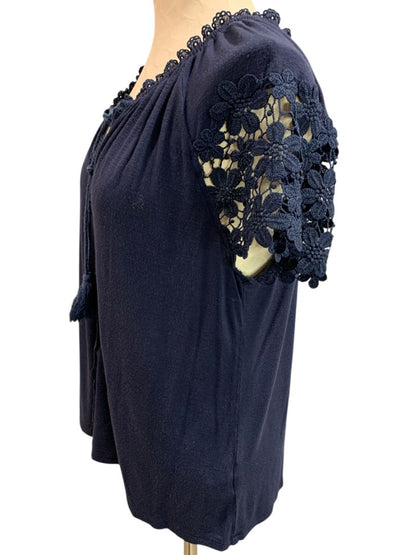 Size Large Adiva Womens Soft Navy Blue Boho Shirt Lace Short Sleeve