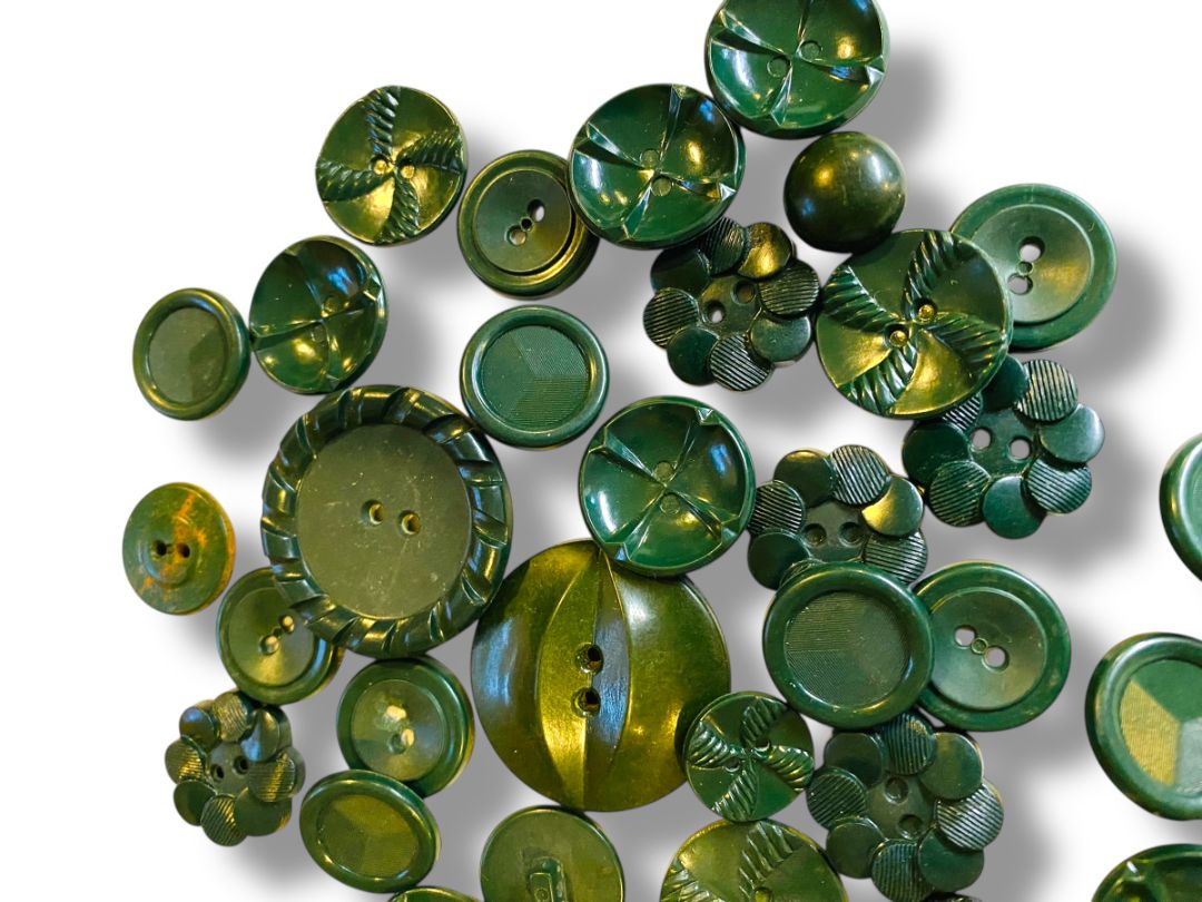 Lot of 37 Midcentury Plastic Buttons Assorted Dark Green Craft Sew