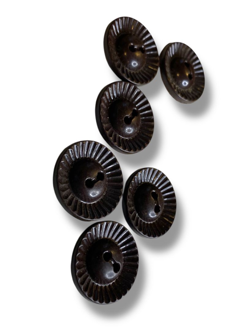 Set of 6 Midcentury Black Plastic Buttons  Sunburst Craft Sew .9" Diameter