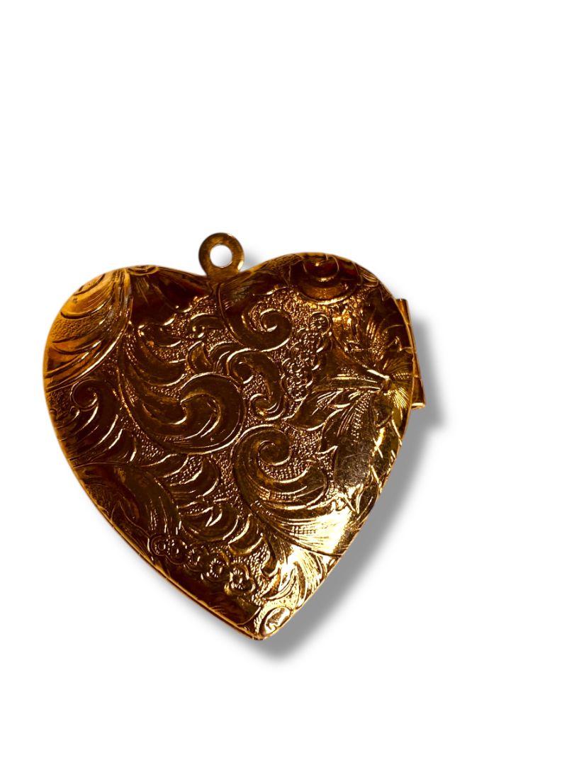 Embossed Heart Pendant Locket Goldtone Hinged for 2 Photos 1.2" (31mm)