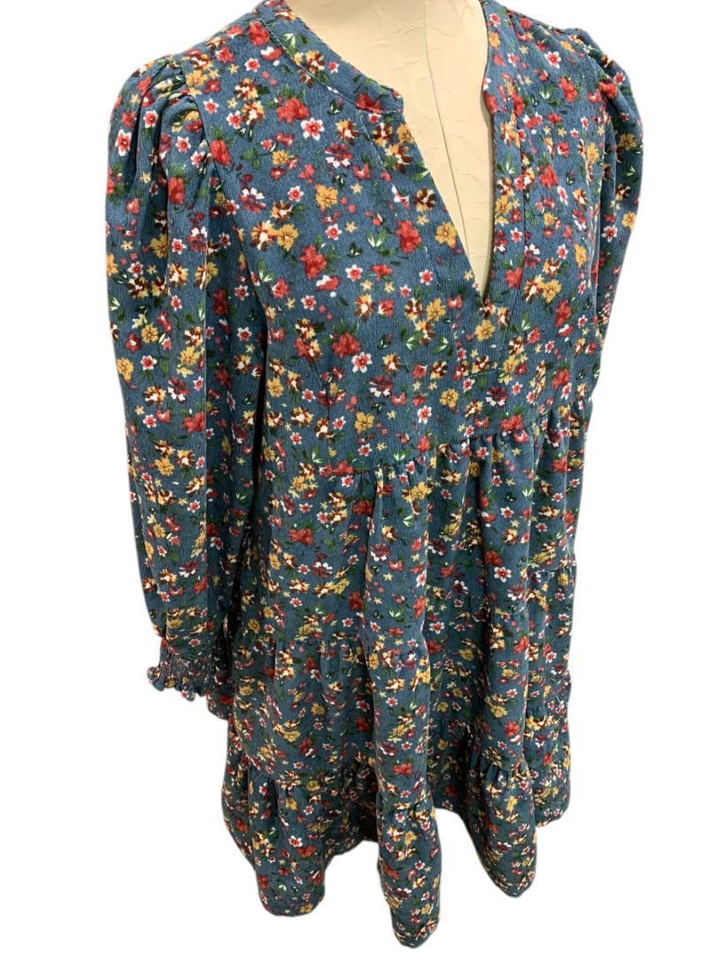 Size Medium Umgee Floral Corduroy Dress Pockets Blue V-Neck