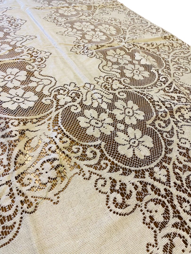 Vintage Ivory Machine Lace Tablecloth Linen 108" x 68"