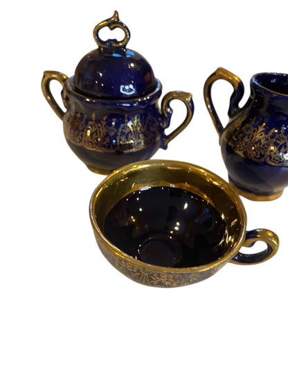 Vintage Cobalt Gold 3 Piece Tea Set Sugar Creamer Cup