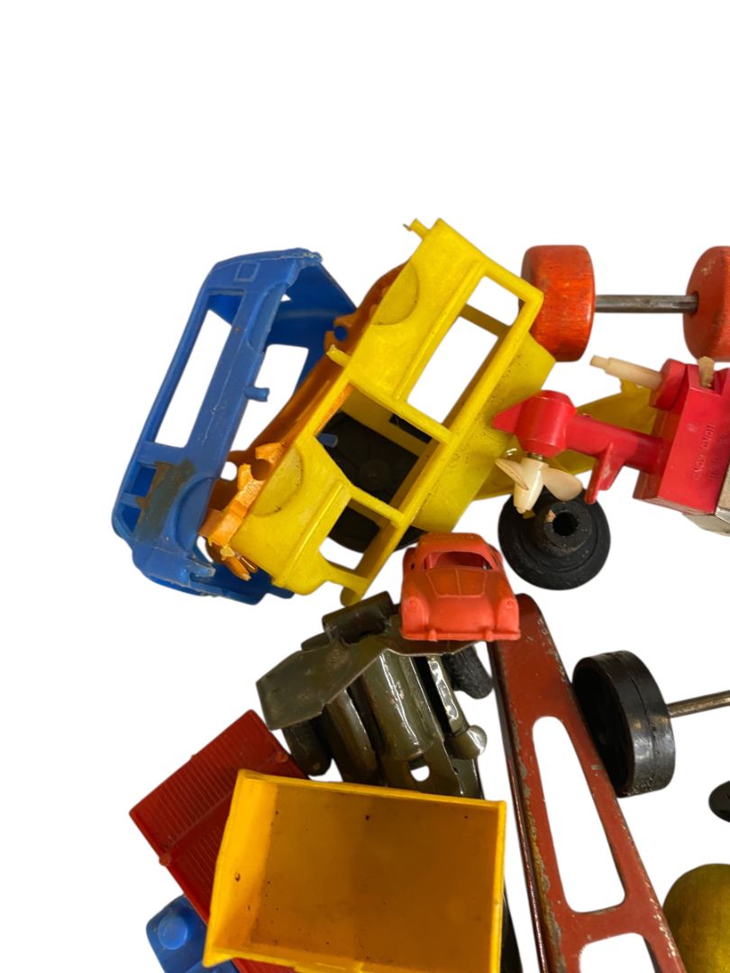 Vintage Toy Parts Pieces Scrap Junk Lot Wheels Hats Tires Plastic Tin