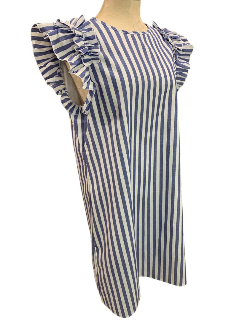 Size XL Shein Blue White Ruffle Sleeve Sheath Dress Lined Vertical Stripe