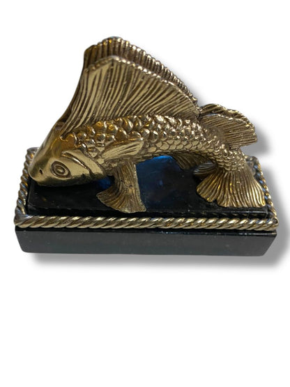 Set of 4 Maitland-Smith Handmade Placecard Name Holders Fish Marble Brass