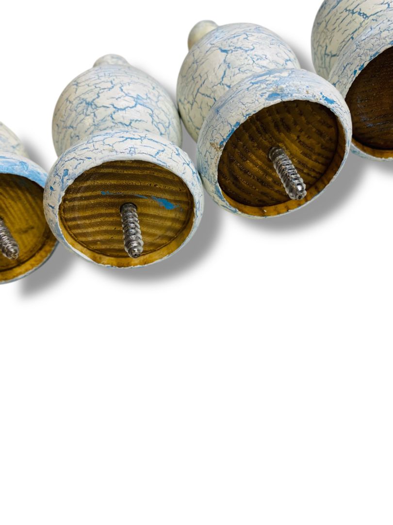 Vintage Wooden Set of 4 Finial Posts White Blue Crackle Paint 4.25" Screw In