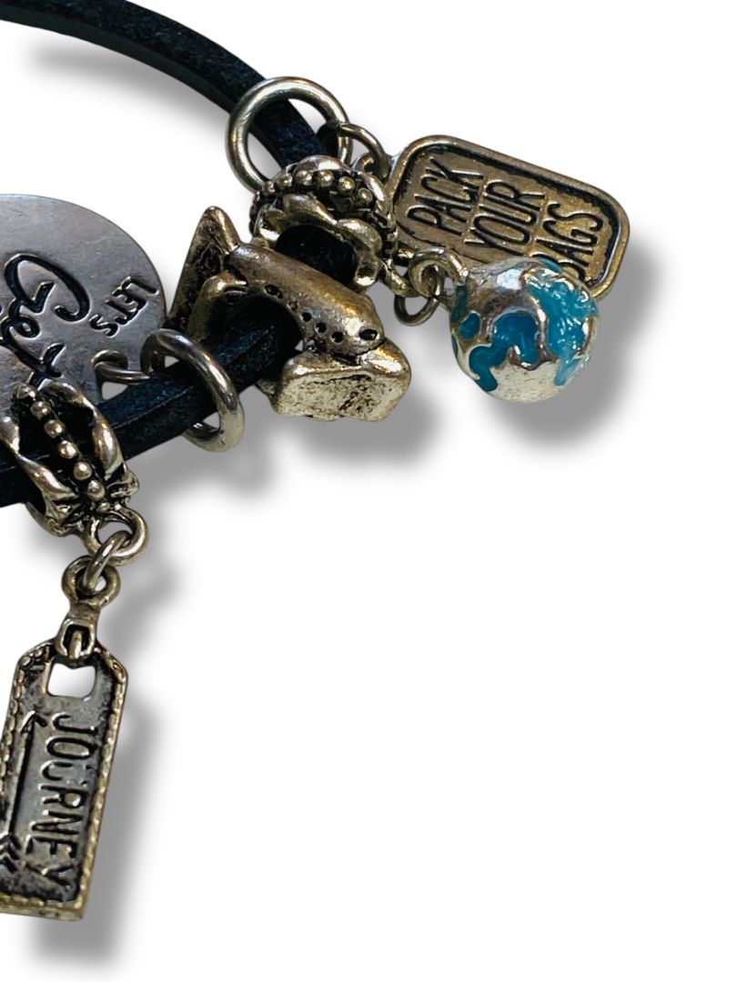 Travel Theme 10 Charm Bracelet 8" Black Leather Cord Silvertone