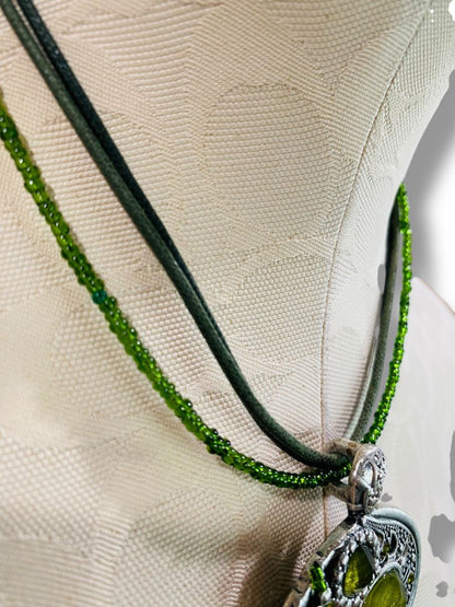 Green Silvertone Multistrand Pendant Necklace 16-19" Funky