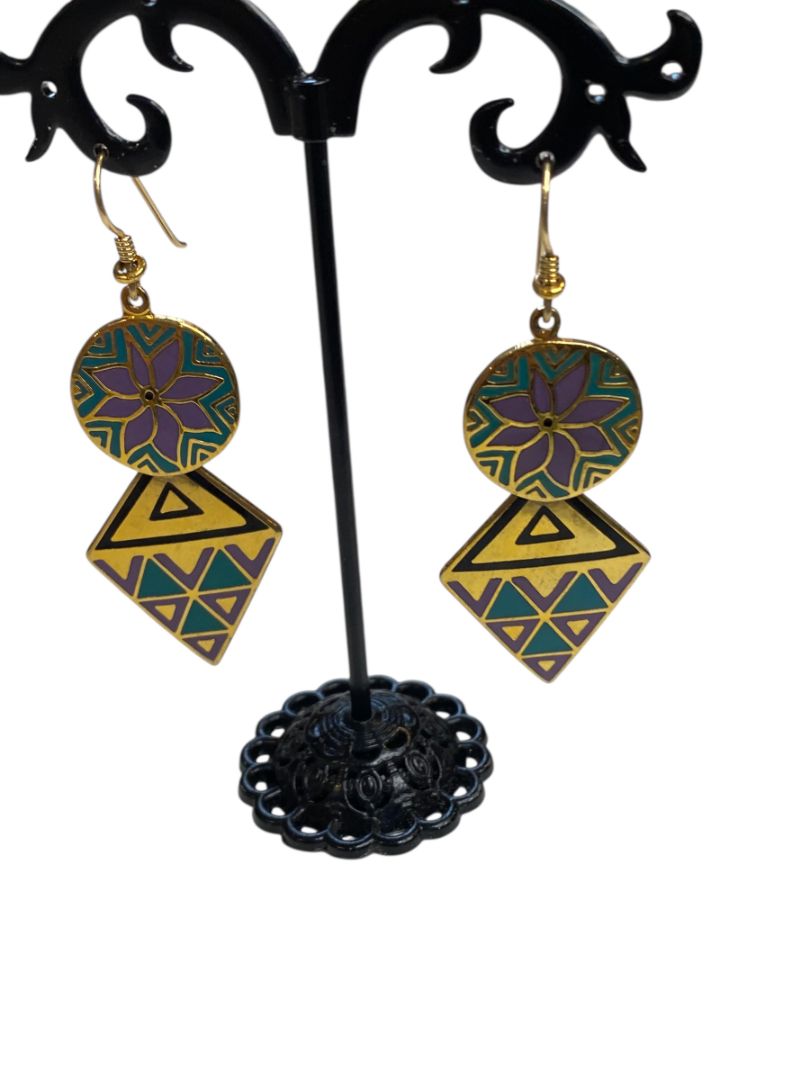 1993 Sarah Burch Gypsy Spirit Earrings Fishhook Pierced Cloisonné 2.75" Drop