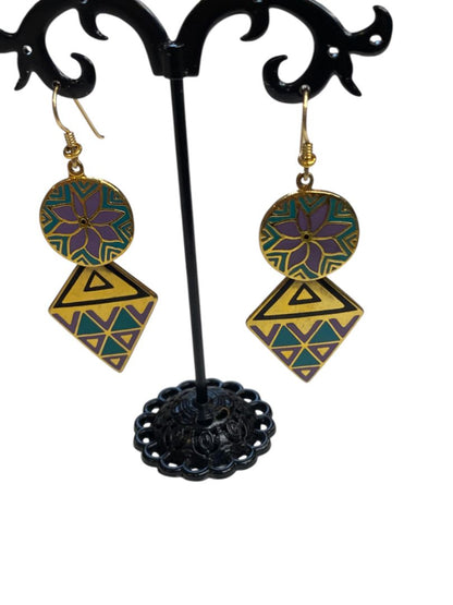1993 Sarah Burch Gypsy Spirit Earrings Fishhook Pierced Cloisonné 2.75" Drop