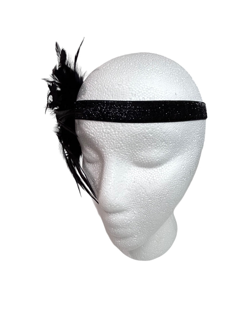 Flappers Style Black Rhinestone Feathered Headband Art Deco Style One Size Adult