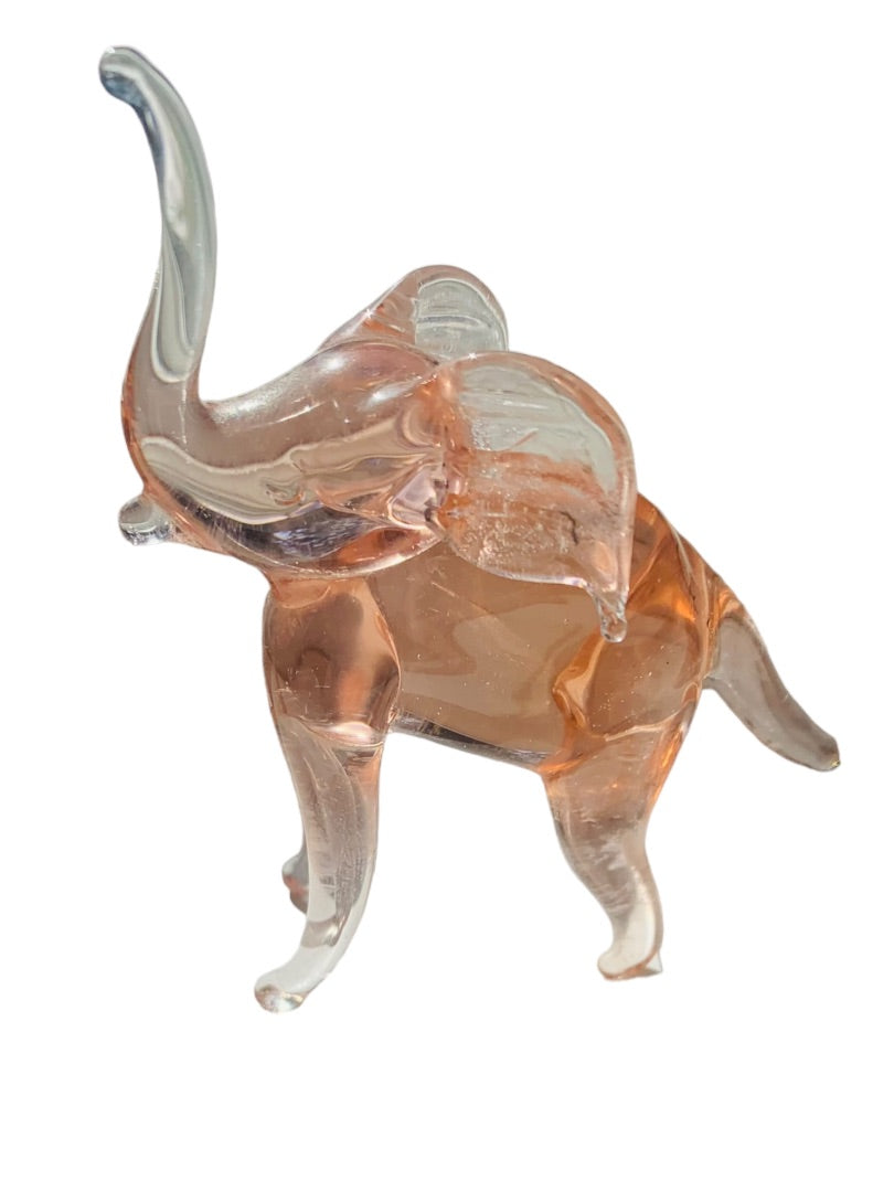 Miniature Pink Elephant Art Glass Figurine Trunk Up 2.5"h Vintage