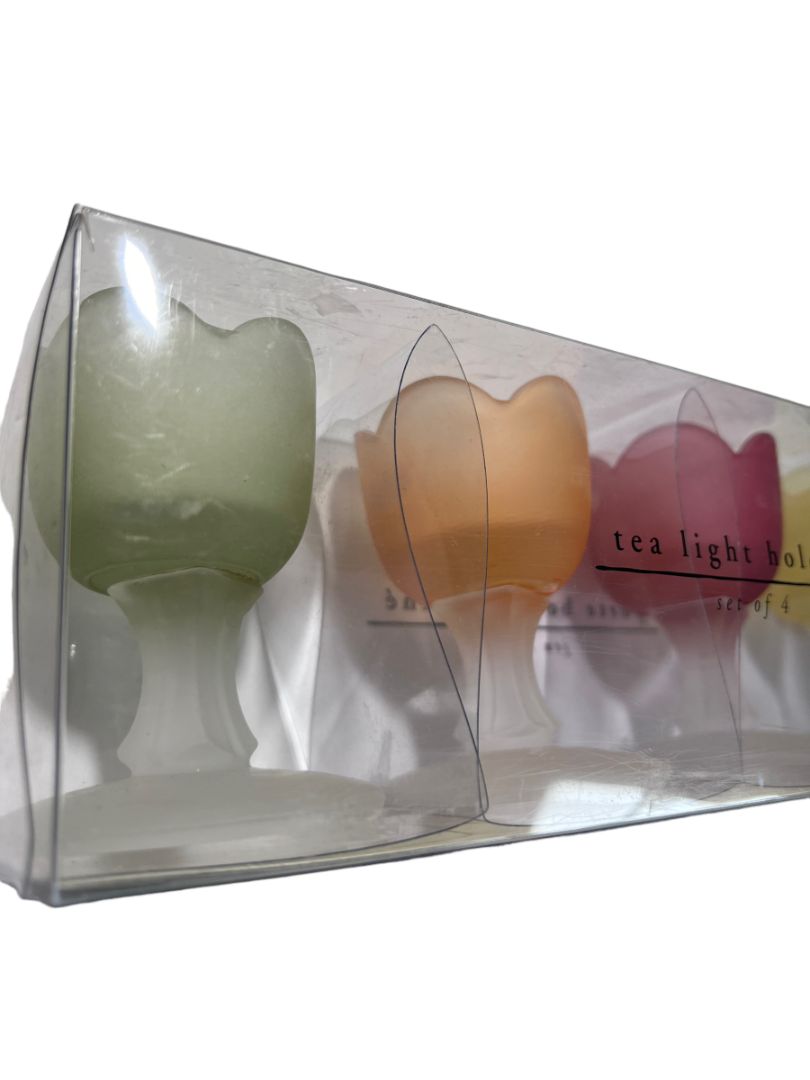 Pier 1 Imports Satin Glass Tulip Pedestal Tea Light Candle Holders Set of 4 3.5" NEW