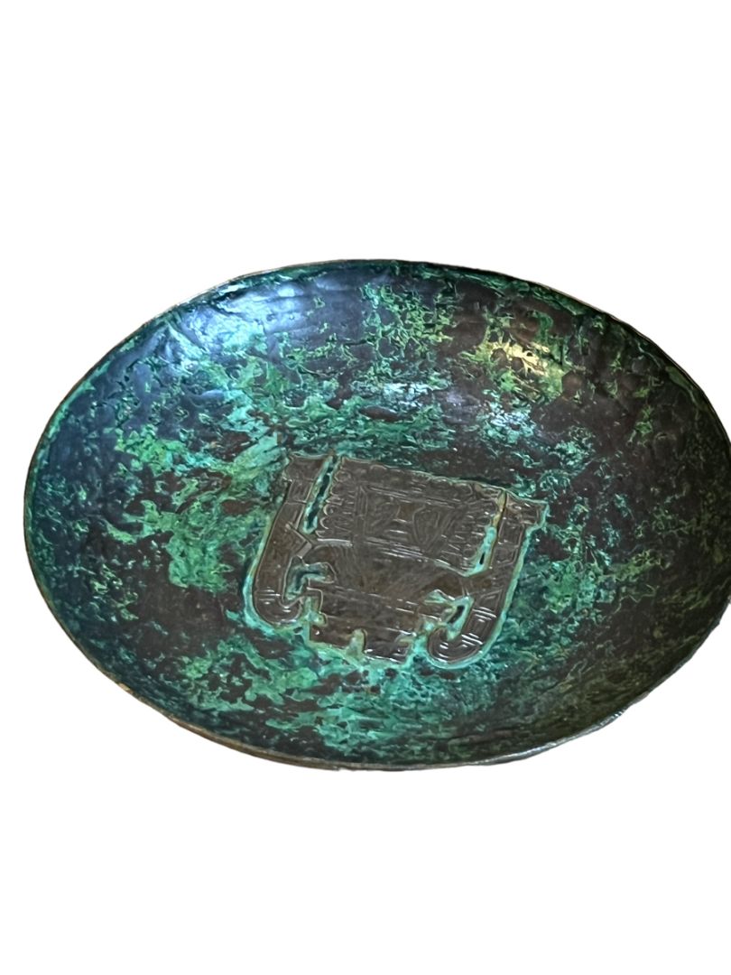 Graziella Laffi Peru Green Copper Mayan Sculpture Decorative Round Plate 5.25" Diameter