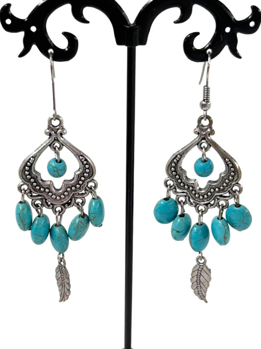 Turquoise Color Earrings Pierced Hook Silvertone 3" Drop Dangle
