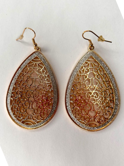 Goldtone Filigree Cutout Earrings Teardrop Shape Pierced Hook 2.25" Drop Dangle