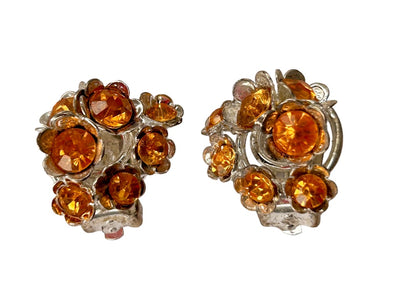 Bella Signora 1990s Clip On Orange Crystal  Earrings 3/4" Diameter Non-Pierced Silvertone