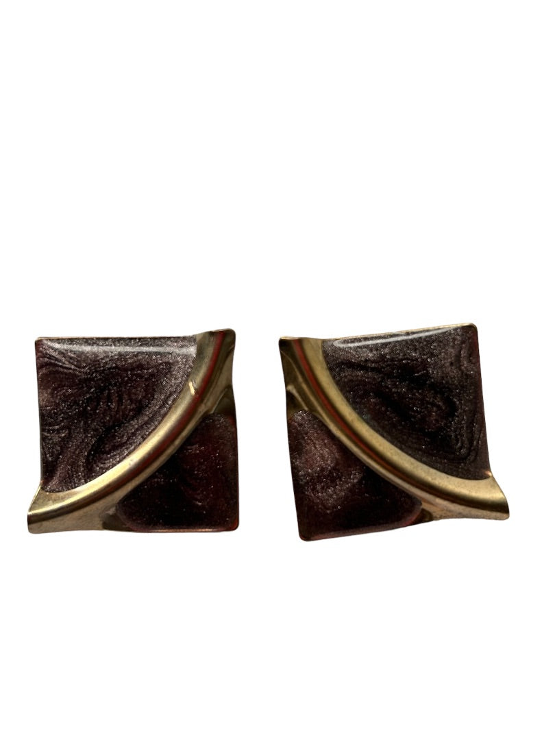 Vintage 1980s Goldtone Metallic Enamel Swirl Earrings Post Pierced 1" Square