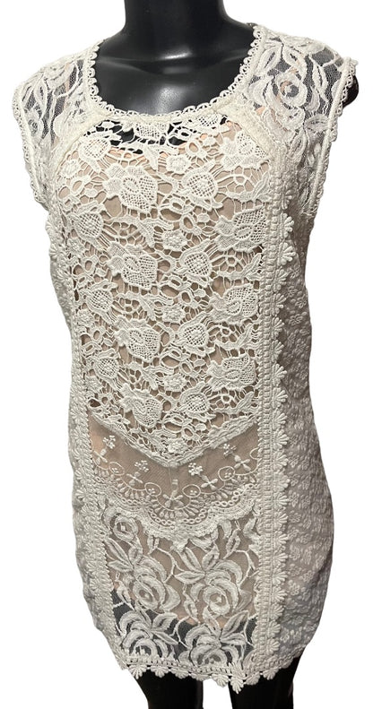 XS Champagne & Strawberry Lace Mini Dress Buttons Lined Ivory Nude Lining