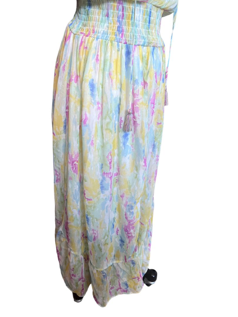 Size 8 Anthropologie Watercolor Print Spring Sleeveless Maxi Dress Lined Elastic Waist Tassle Ties