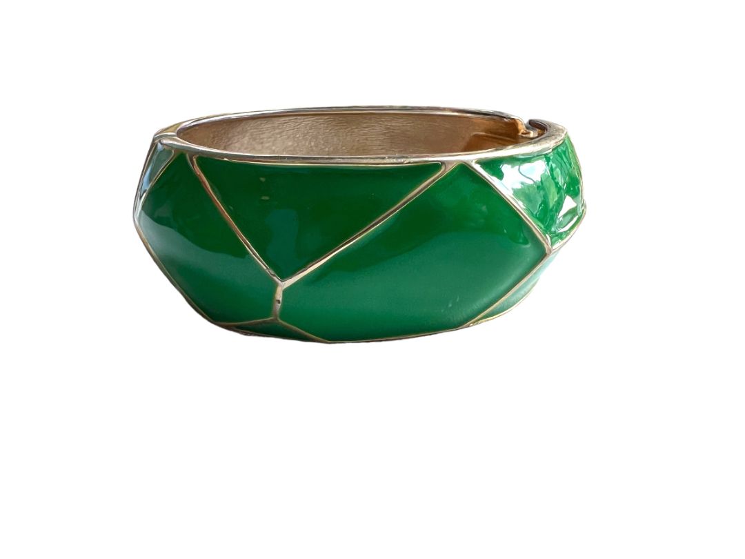 Goldtone Metal Hinged Bangle Bracelet Green Enamel Preppy