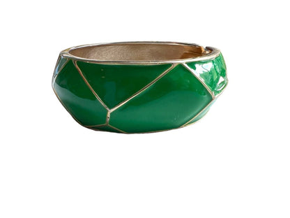 Goldtone Metal Hinged Bangle Bracelet Green Enamel Preppy