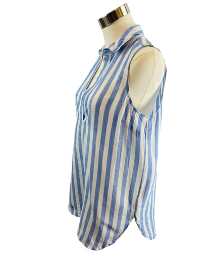 XXS J.Crew Womens Blue White Stripe Sleeveless Linen Blend Pullover Tunic Blouse