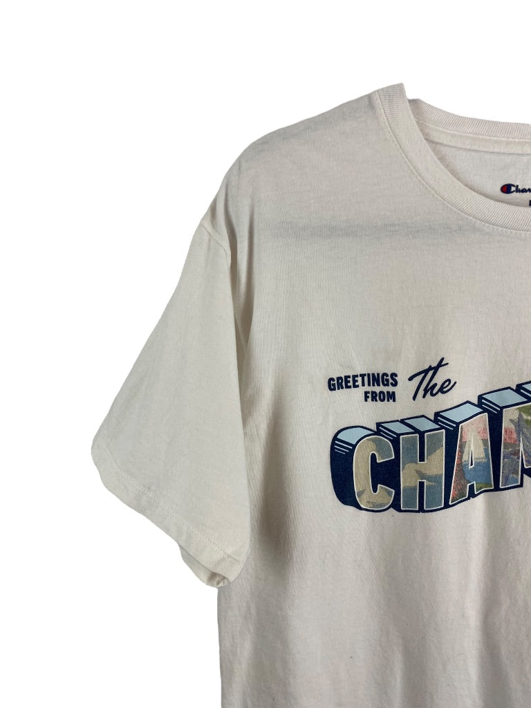 Large Champion Men's White Tshirt Short Sleeve "Greetings from the Champion Athletic Club"