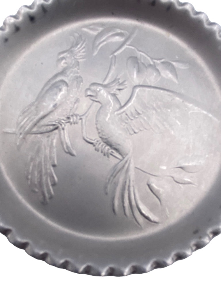 Vintage Aluminum Metalware Coasters Bird Theme Crimped Edges 3"