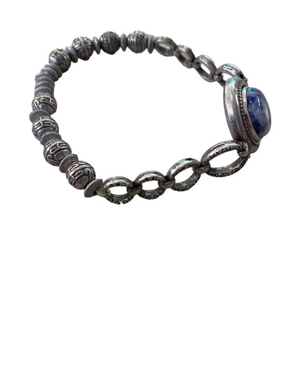 Magnabilities Silvertone Antiqued Stretch Bracelet Blue White Stone Inset Removable