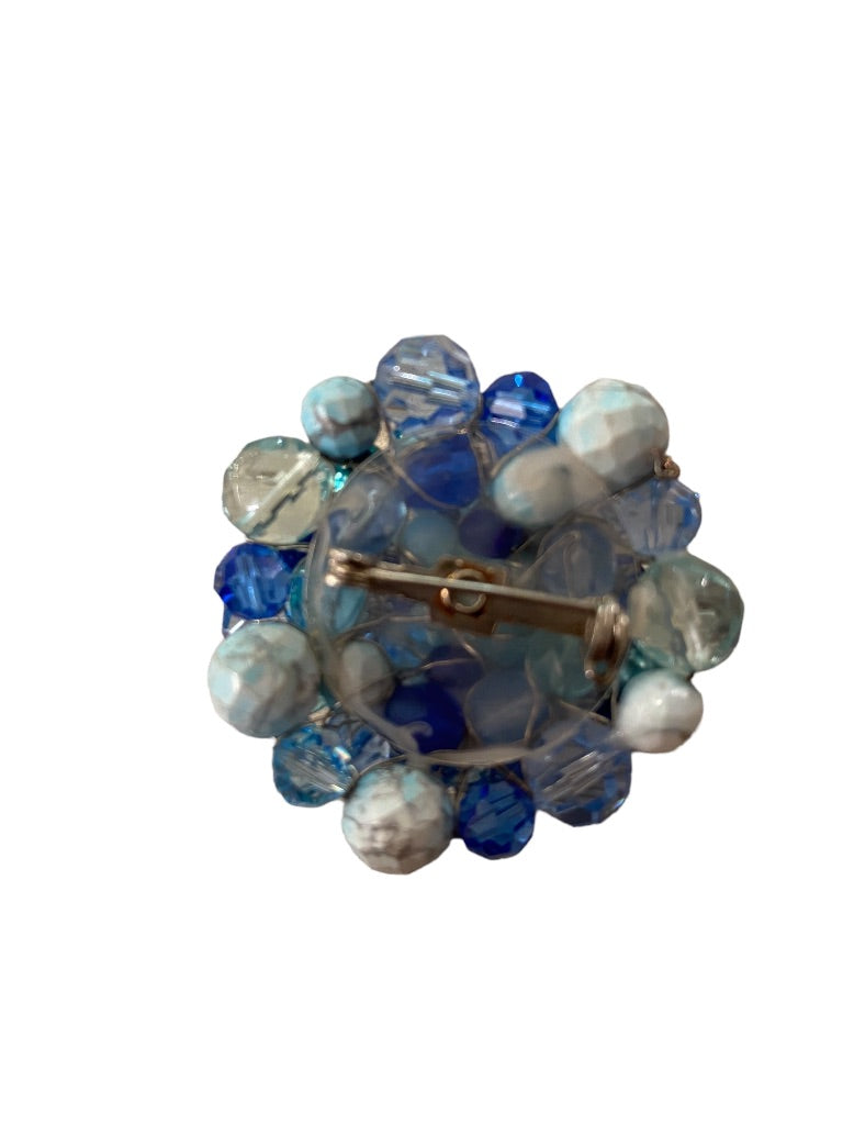 Mixed Blue Tones Beaded Cluster Brooch Statement 2.5" Diameter Pin