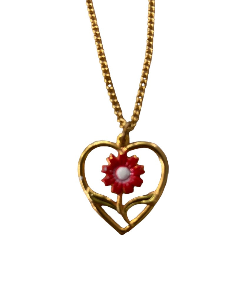 Goldtone Necklace Floral 1" Heart Pendant on 19" Chain Red White