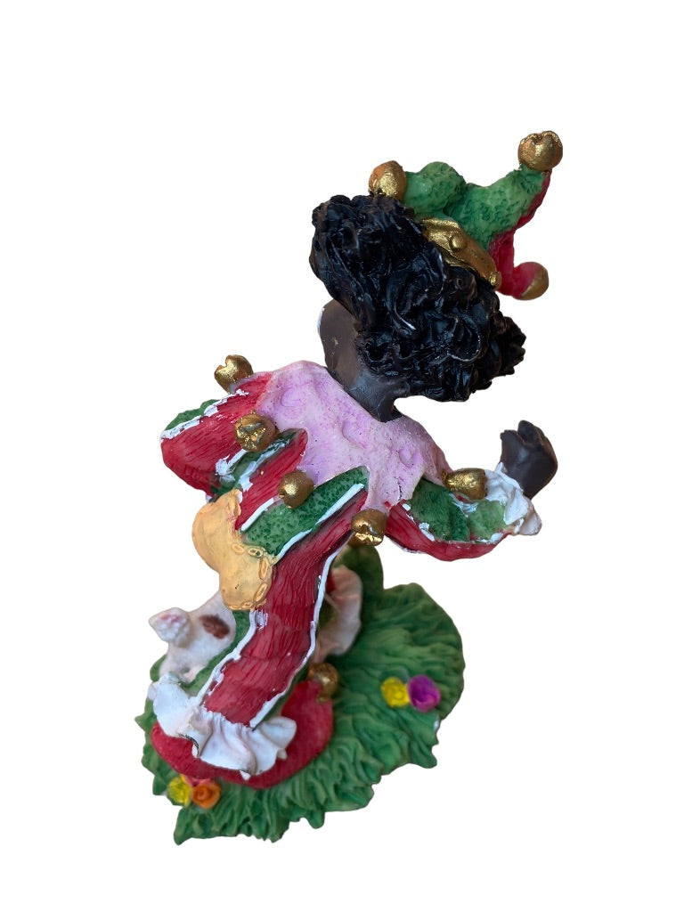 Resin Clown Figurine Green Red Brown Skin Jester Running Dog Grass 4.5"