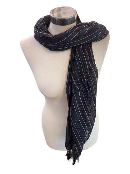 Black Lightweight Metallic Summer Scarf Fringed 58" x 24"