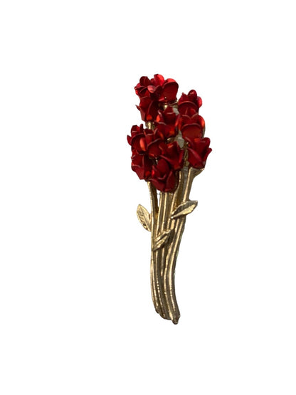 Signed DM Danbury Mint for Avon Brooch Red Goldtone Rose Bouquet 2.25" 1997
