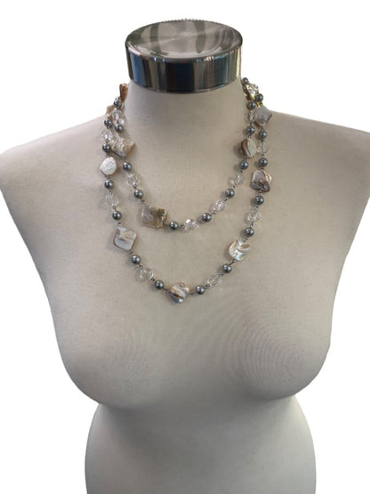 Long 44" Strand String Necklace Silvertone Shell Clear Faceted Acrylic Beads Linked