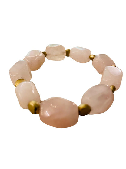 Beaded Stone and Goldtone Spacer Stretch Bracelet Blush Pink 2.5" Inside Diameter