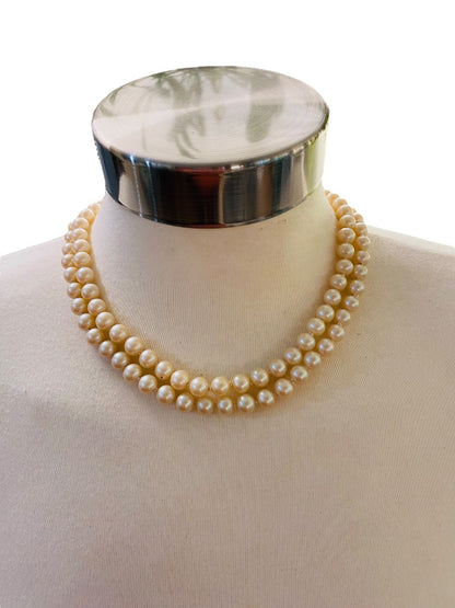 Double Strand Hand Knotted Vintage 7.7 mm Faux Pearl Dual Strand Necklace Daisy Clasp 16"