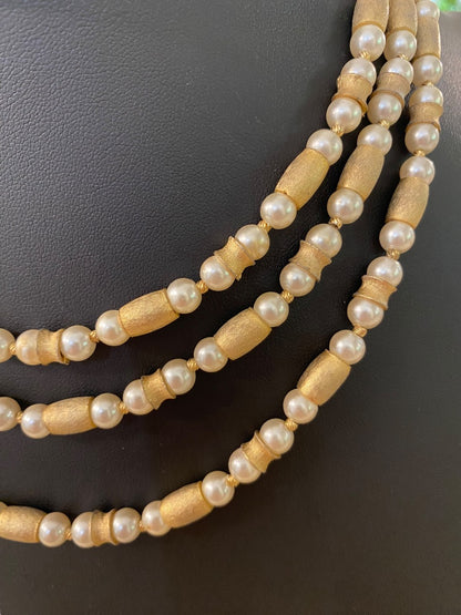 Triple Strand Hook Necklace Vintage 1950s  Goldtone Faux Pearl 18"