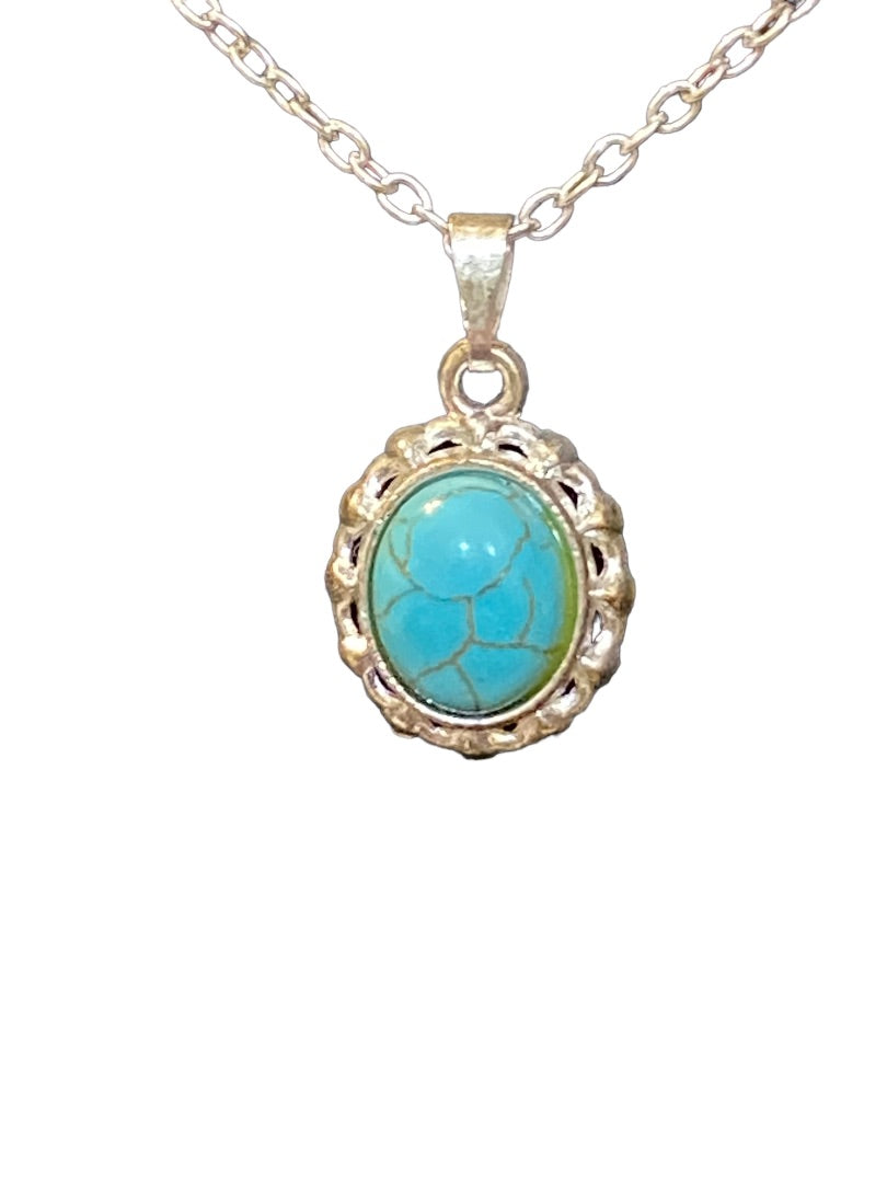 Silvertone Delicate 18" Chain Necklace with Faux Turquoise Pendant