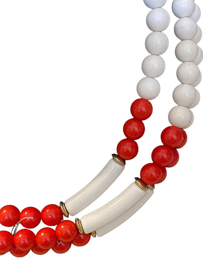 Red White Triple Strand Vintage 1960s Acrylic Beaded Statement Necklace 19"