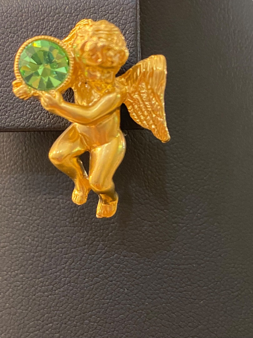 Vintage Avon Signed Guardian Angel Lapel Pin Peridot Cherub 1"