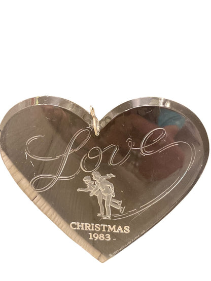 Clear Acrylic Christmas 1983 Ornament Love Ice Skaters Heart Shape 3 3/4"