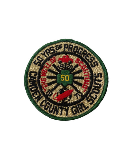 Girl Scout Patch Vintage 1970 Camden County 50 Years of Progress 3.7" Metallic