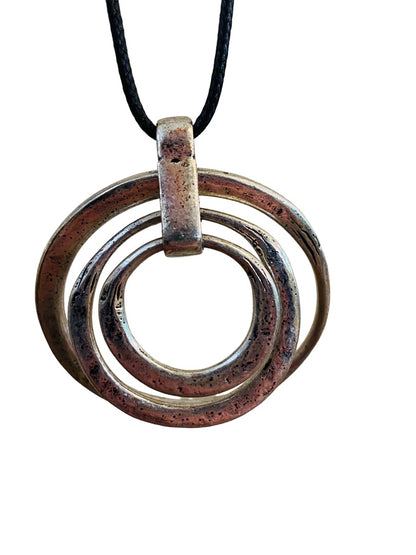 Overhead 41" Cord Necklace Distressed Silvertone Circle Pendant 2" Diameter