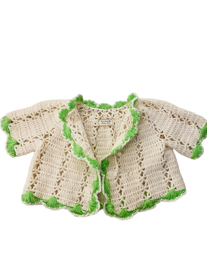 Vintage Hand Crocheted Baby Sweater Cream Green Trim Tie Closure Cardigan 12-24 Mos