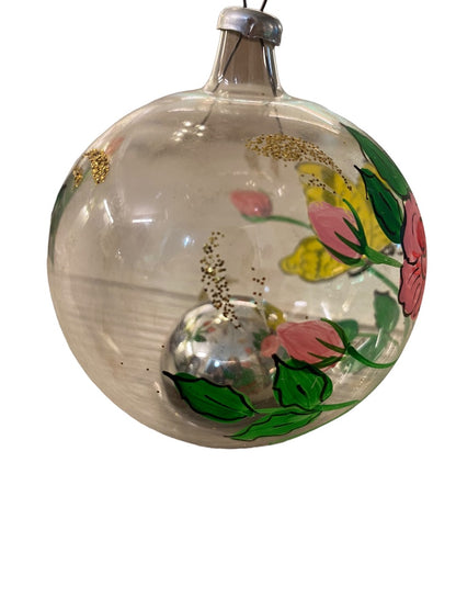 Clear Glass Ornament Tabletop or Hanging Handpainted Butterfly Flower Glitter 3.25" Diameter