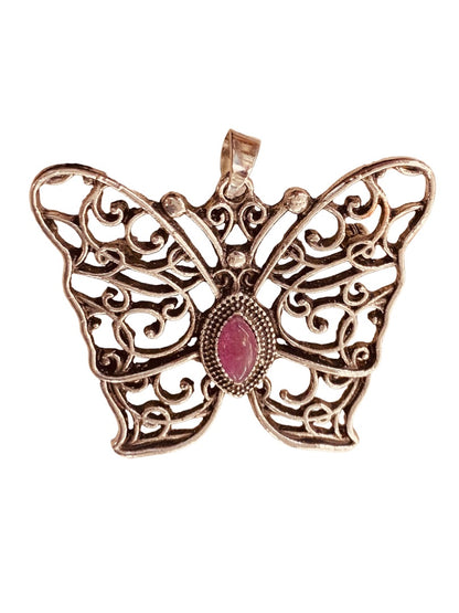 Silvertone Butterfly Pendant Brooch Purple Jewel 1.5" Filigree Style